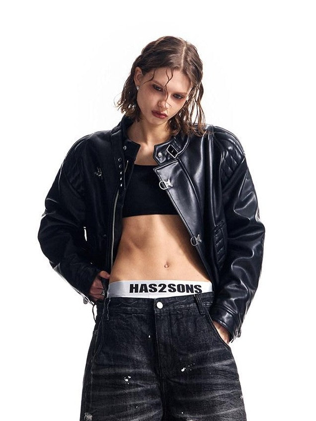 HAS2SONS Studded Embroidered Patch Curved Sleeve Women's Pu Leather Jackets