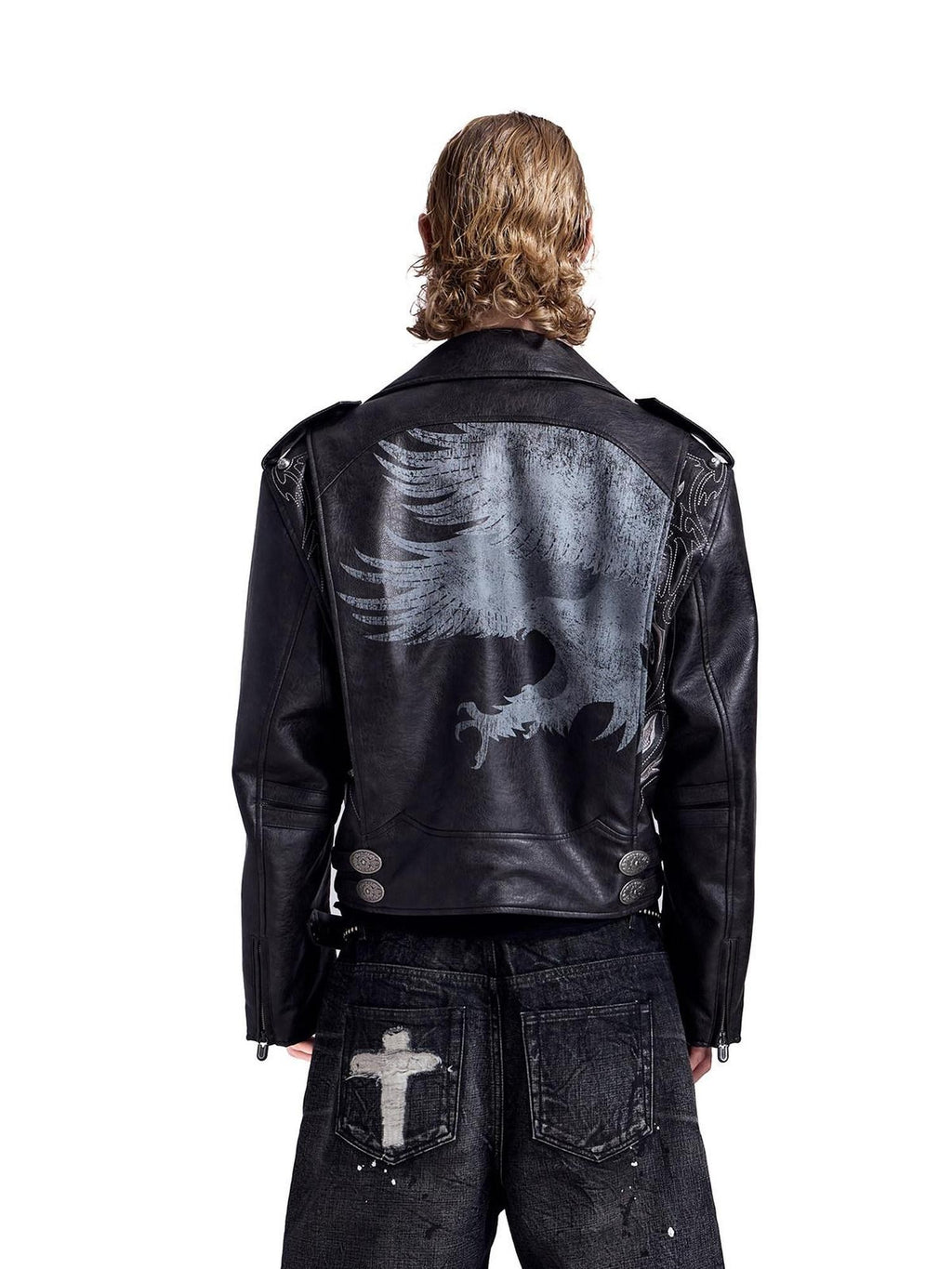 HAS2SONS Thorn Embroidery Boxy Metal Zip Lapel Women's Pu Leather Leather Jackets