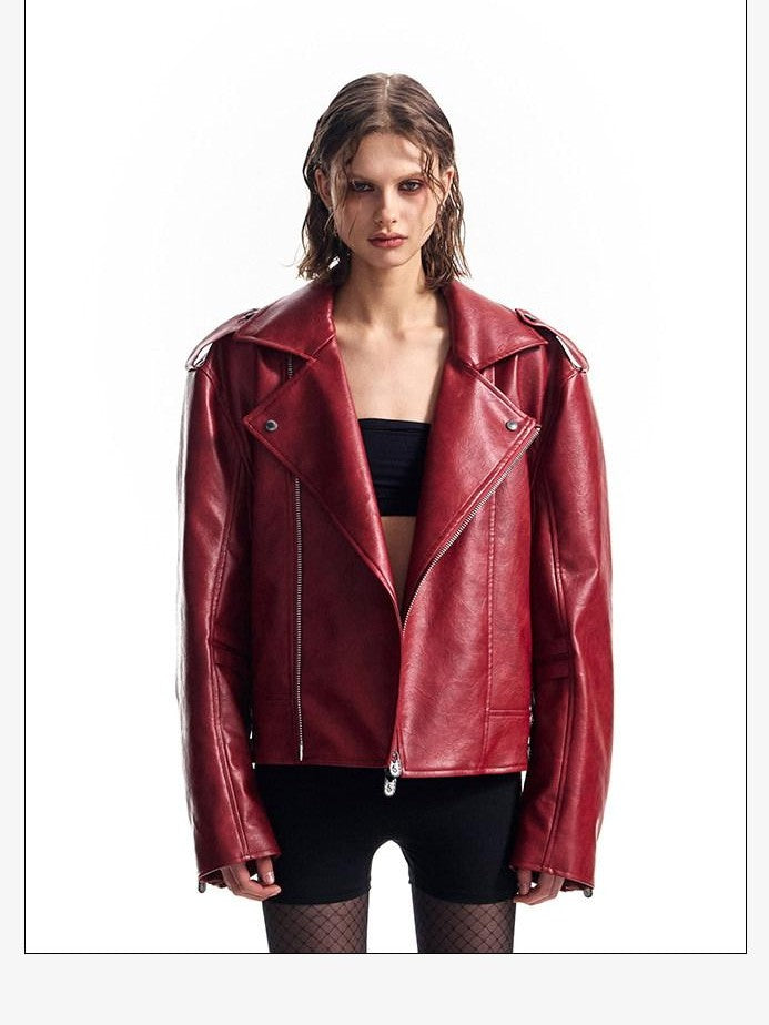 HAS2SONS Thorn Embroidery Boxy Metal Zip Lapel Women's Pu Leather Leather Jackets