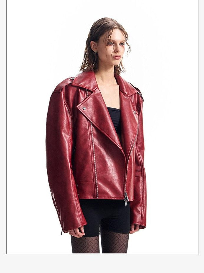 HAS2SONS Thorn Embroidery Boxy Metal Zip Lapel Women's Pu Leather Leather Jackets