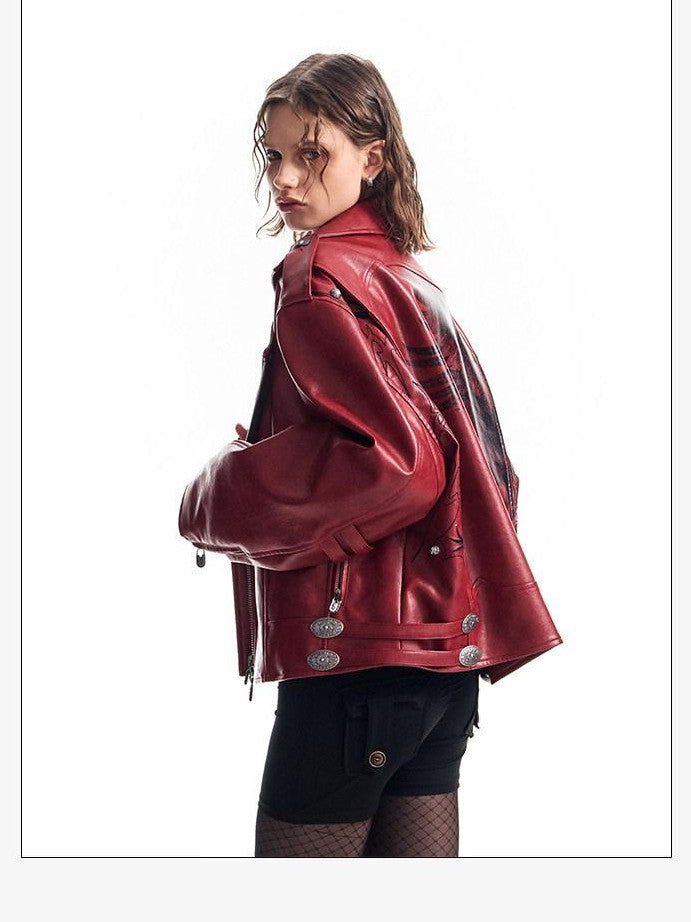 HAS2SONS Thorn Embroidery Boxy Metal Zip Lapel Women's Pu Leather Leather Jackets