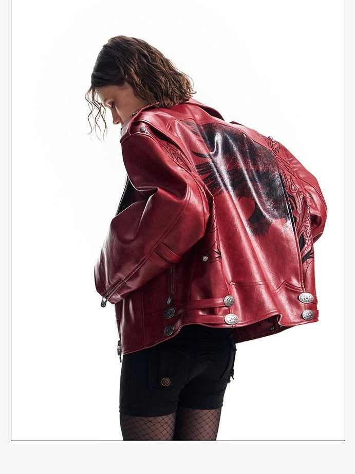 HAS2SONS Thorn Embroidery Boxy Metal Zip Lapel Women's Pu Leather Leather Jackets