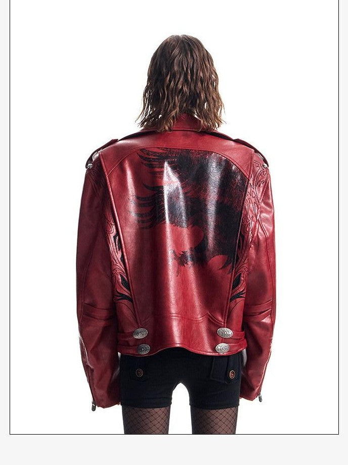 HAS2SONS Thorn Embroidery Boxy Metal Zip Lapel Women's Pu Leather Leather Jackets