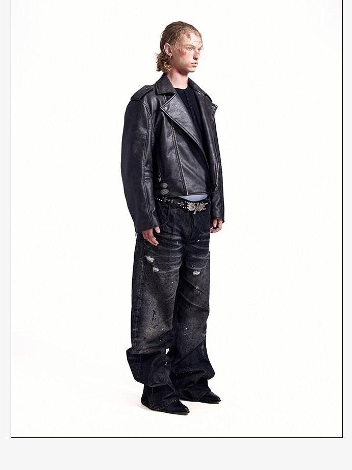 HAS2SONS Thorn Embroidery Boxy Metal Zip Lapel Women's Pu Leather Leather Jackets