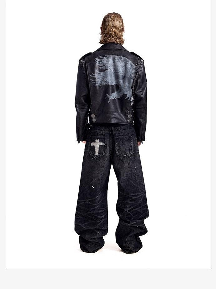 HAS2SONS Thorn Embroidery Boxy Metal Zip Lapel Women's Pu Leather Leather Jackets