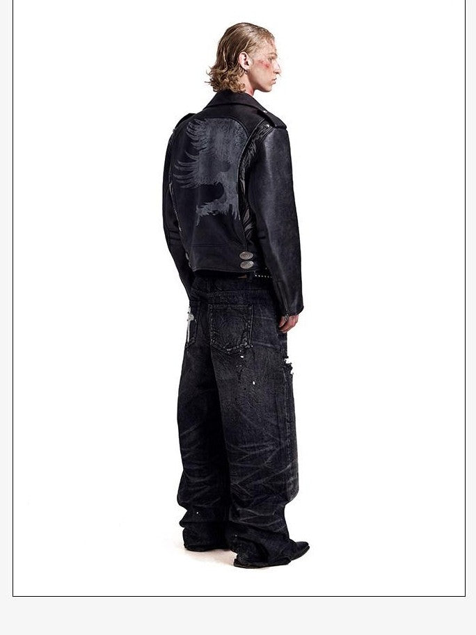 HAS2SONS Thorn Embroidery Boxy Metal Zip Lapel Women's Pu Leather Leather Jackets