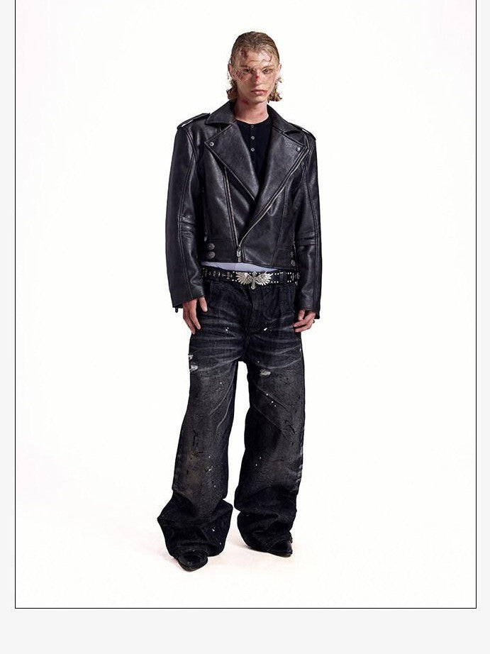 HAS2SONS Thorn Embroidery Boxy Metal Zip Lapel Women's Pu Leather Leather Jackets