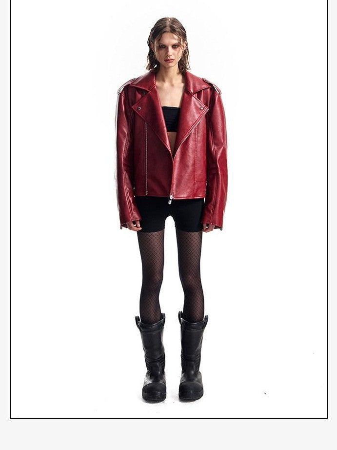 HAS2SONS Thorn Embroidery Boxy Metal Zip Lapel Women's Pu Leather Leather Jackets