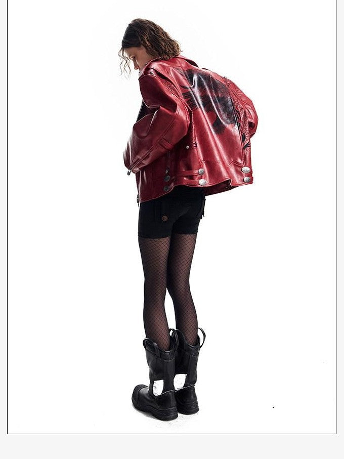 HAS2SONS Thorn Embroidery Boxy Metal Zip Lapel Women's Pu Leather Leather Jackets