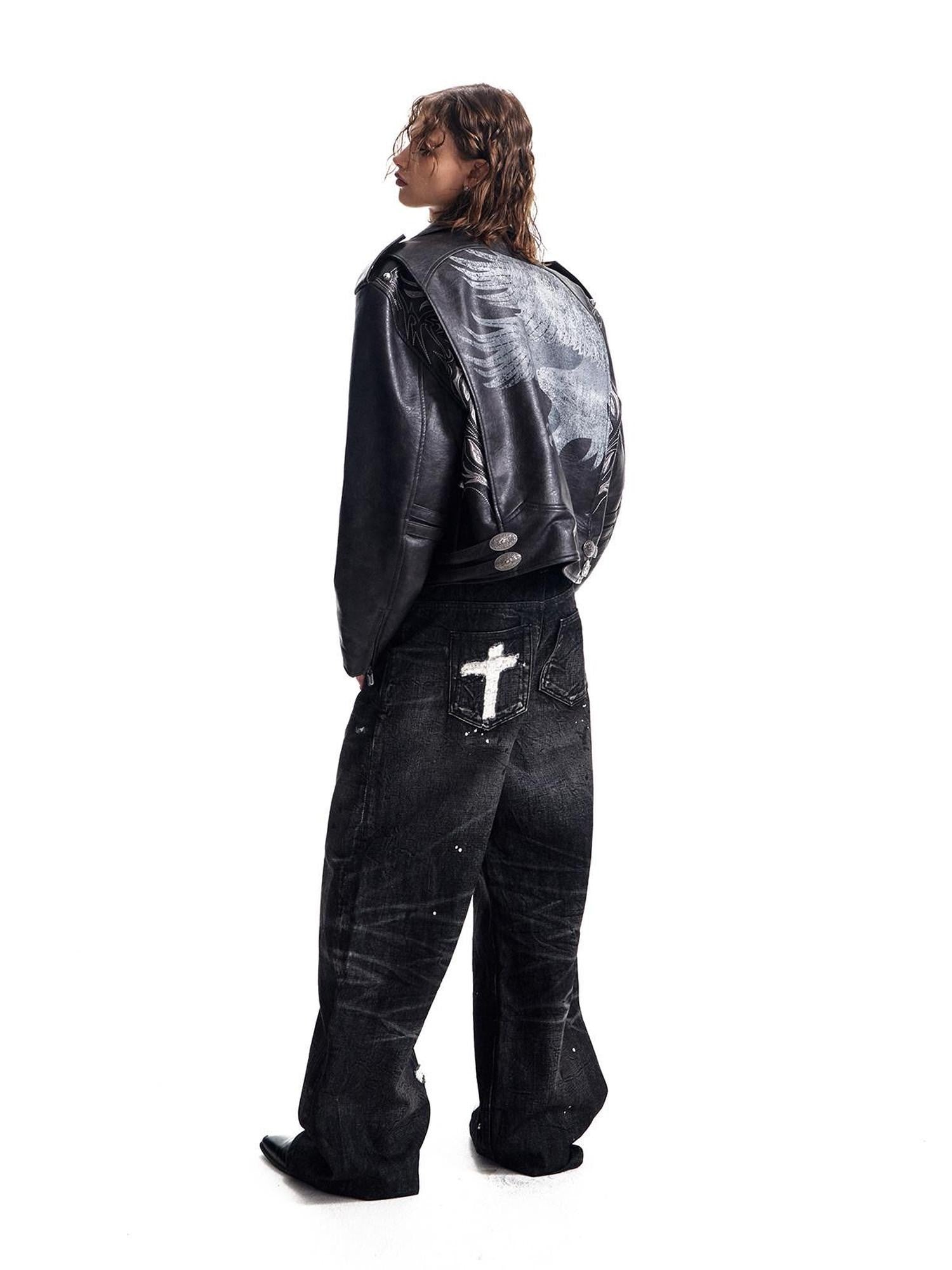 HAS2SONS Thorn Embroidery Boxy Metal Zip Lapel Women's Pu Leather Leather Jackets