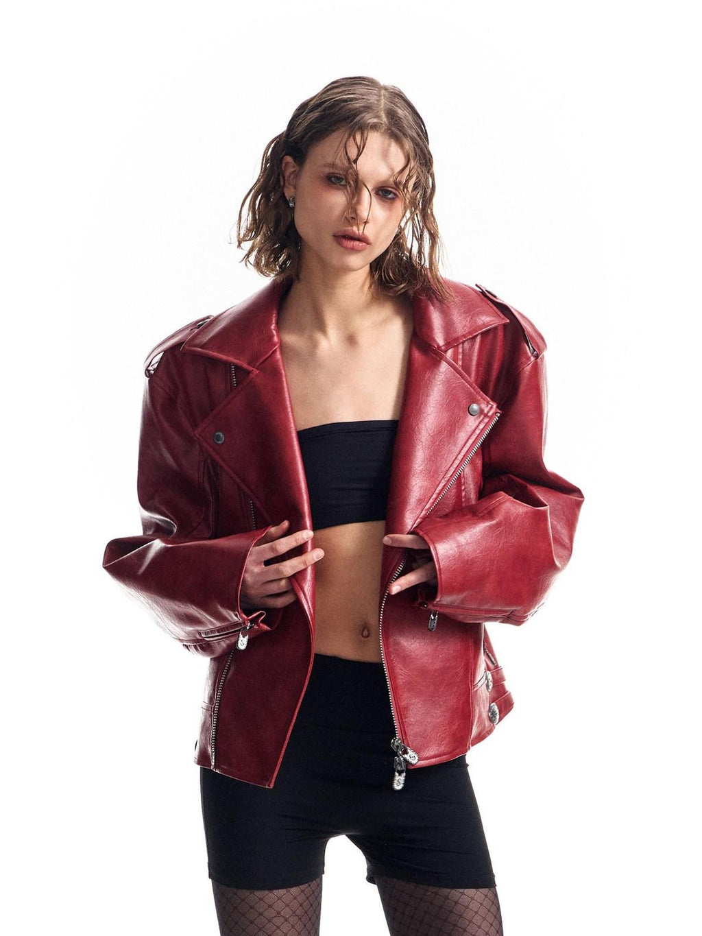 HAS2SONS Thorn Embroidery Boxy Metal Zip Lapel Women's Pu Leather Leather Jackets