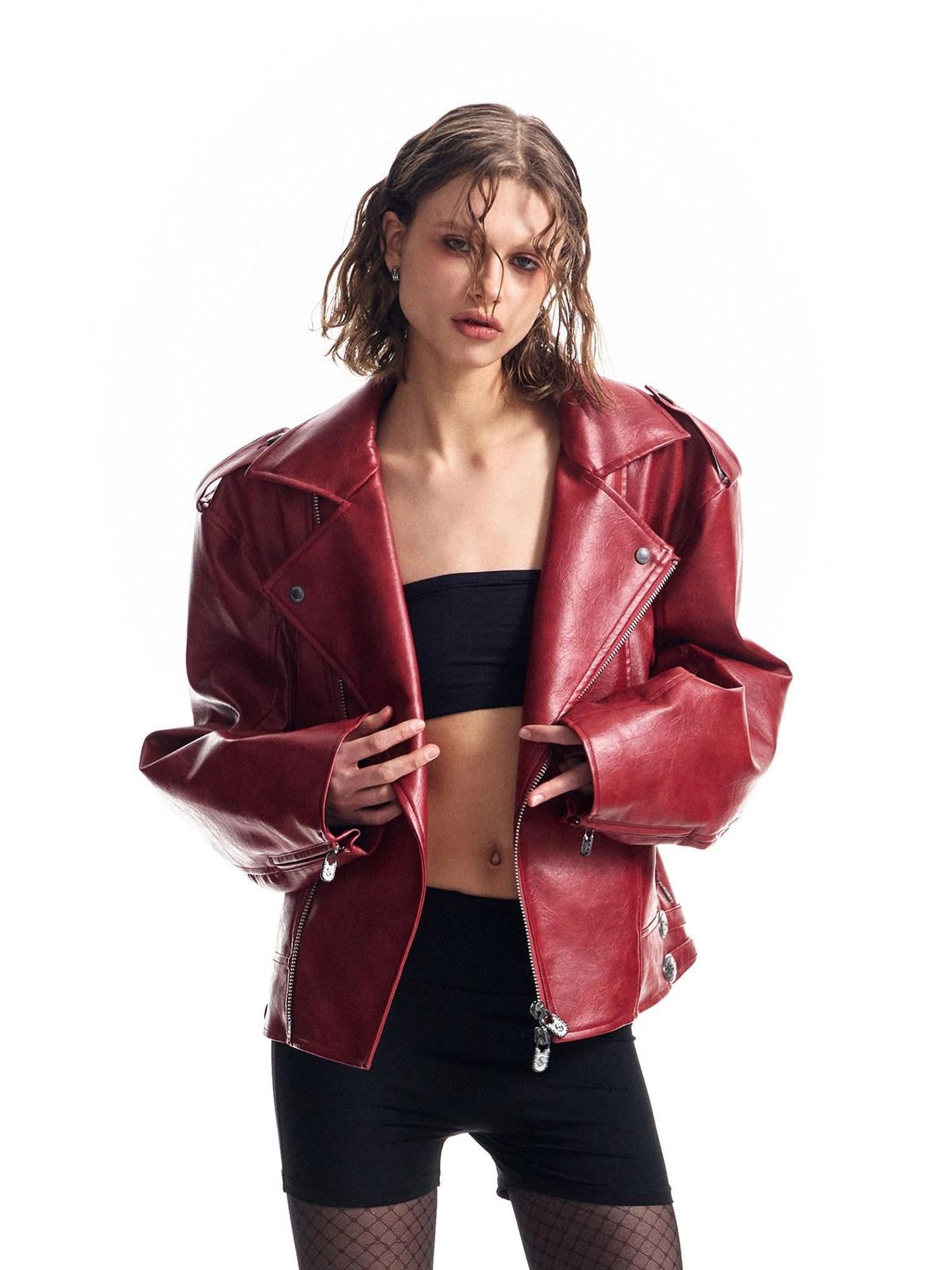HAS2SONS Thorn Embroidery Boxy Metal Zip Lapel Women's Pu Leather Leather Jackets