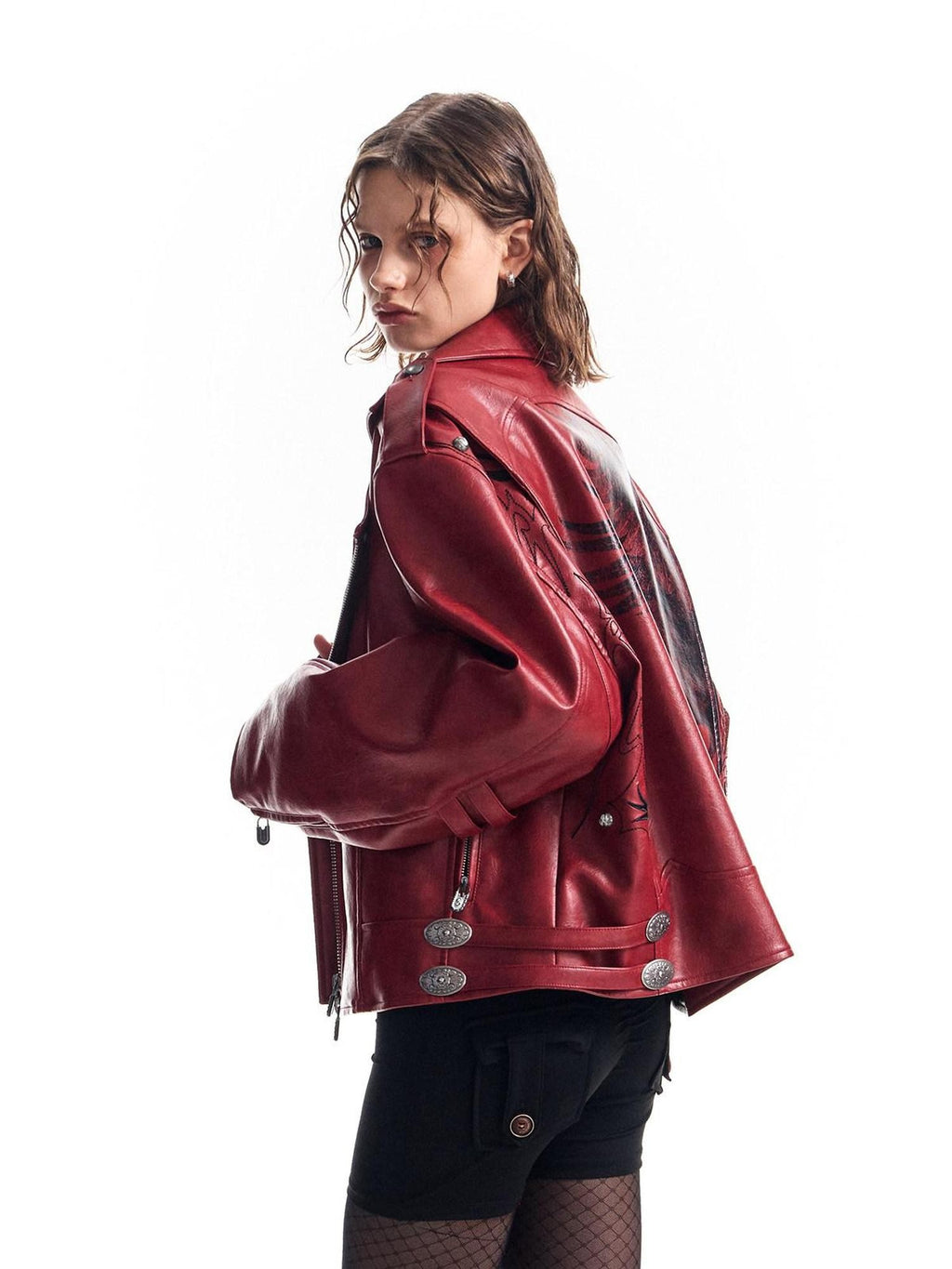 HAS2SONS Thorn Embroidery Boxy Metal Zip Lapel Women's Pu Leather Leather Jackets