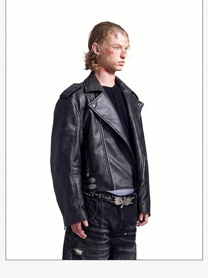 HAS2SONS Thorn Embroidery Boxy Metal Zip Lapel Women's Pu Leather Leather Jackets