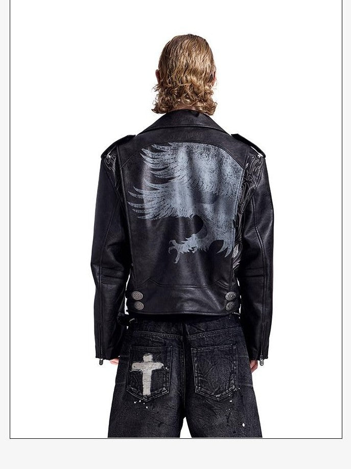 HAS2SONS Thorn Embroidery Boxy Metal Zip Lapel Women's Pu Leather Leather Jackets