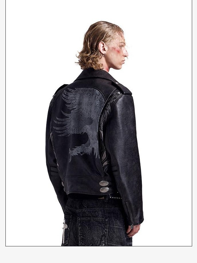 HAS2SONS Thorn Embroidery Boxy Metal Zip Lapel Women's Pu Leather Leather Jackets