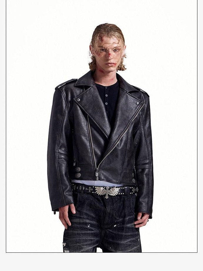 HAS2SONS Thorn Embroidery Boxy Metal Zip Lapel Women's Pu Leather Leather Jackets