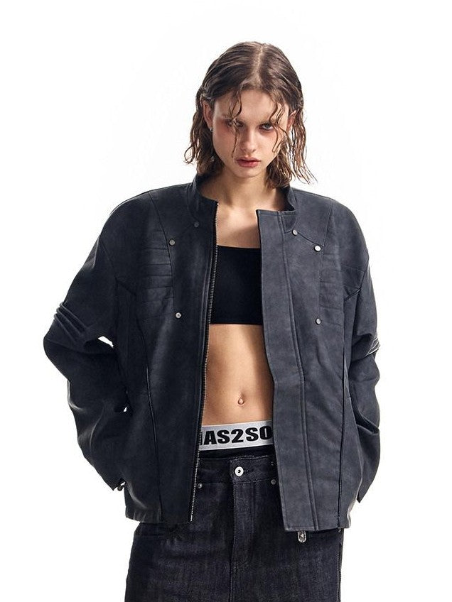 HAS2SONS Vintage Distressed Stand Collar Zipper Women's Pu Leather Jackets