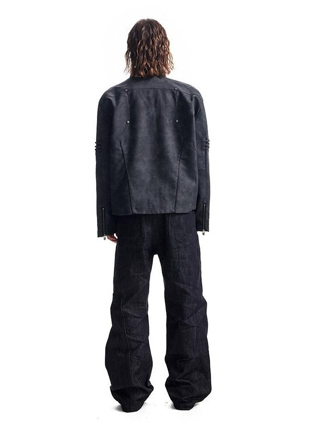 HAS2SONS Vintage Distressed Stand Collar Zipper Women's Pu Leather Jackets