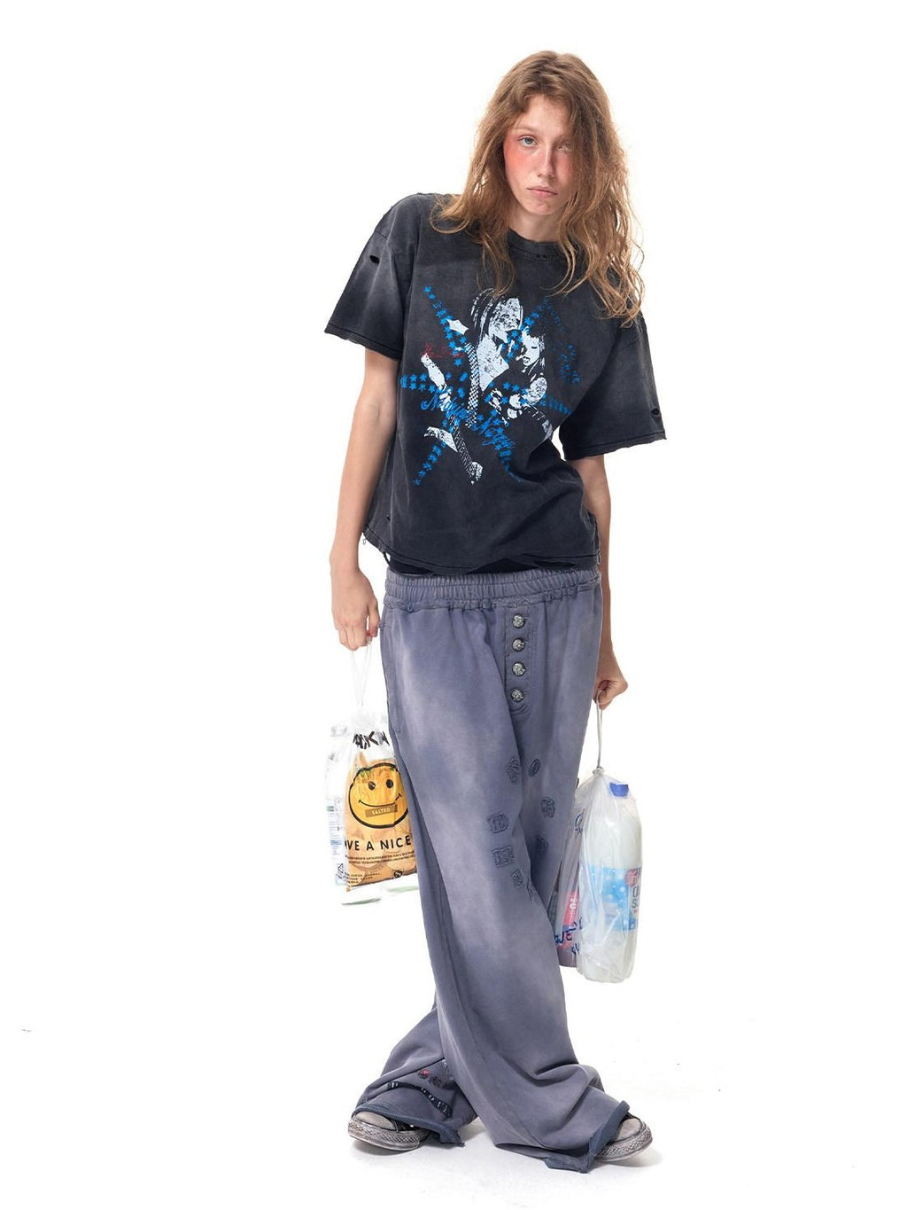 HAS2SONS Washed Black Boxy Distressed Single Stitch Women's Vintage Short Sleeve T-shirts