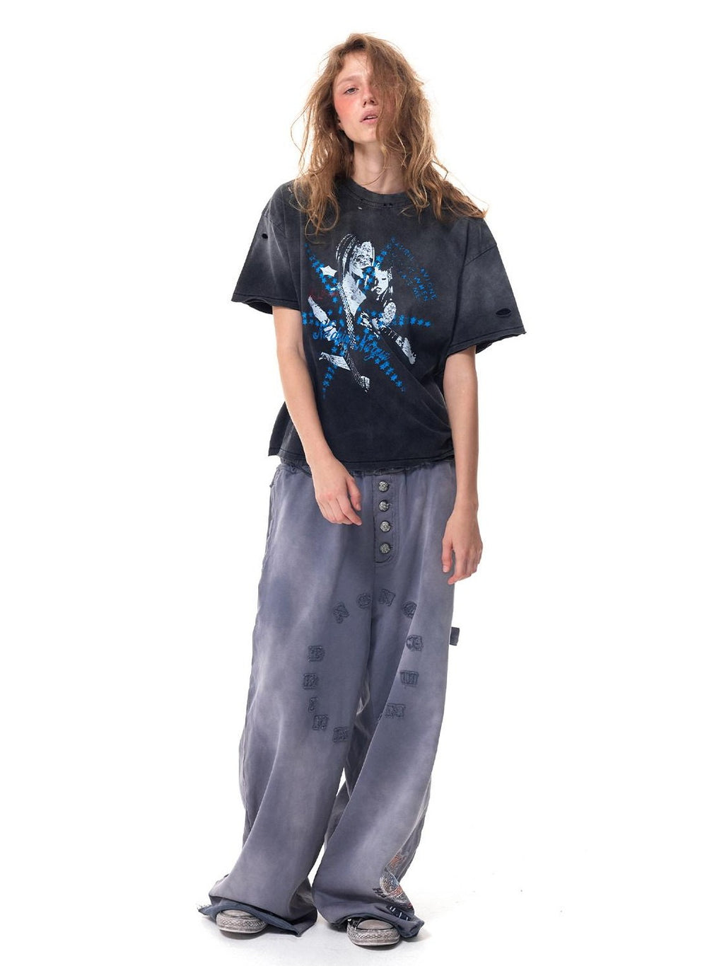 HAS2SONS Washed Black Boxy Distressed Single Stitch Women's Vintage Short Sleeve T-shirts
