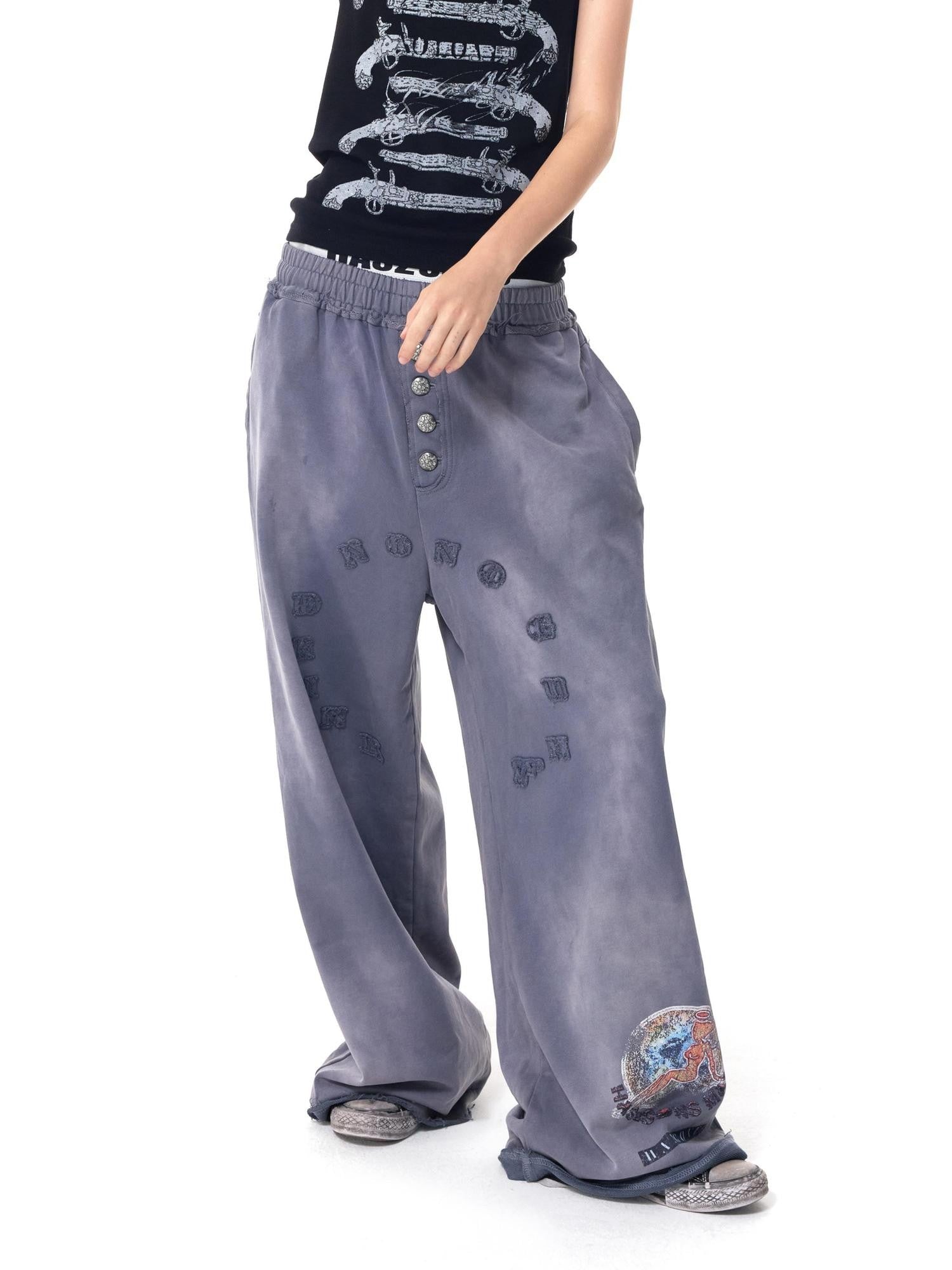 HAS2SONS Washed Blue Applique Embroidery 4 Button Letter Print Women's Straight-leg Pants