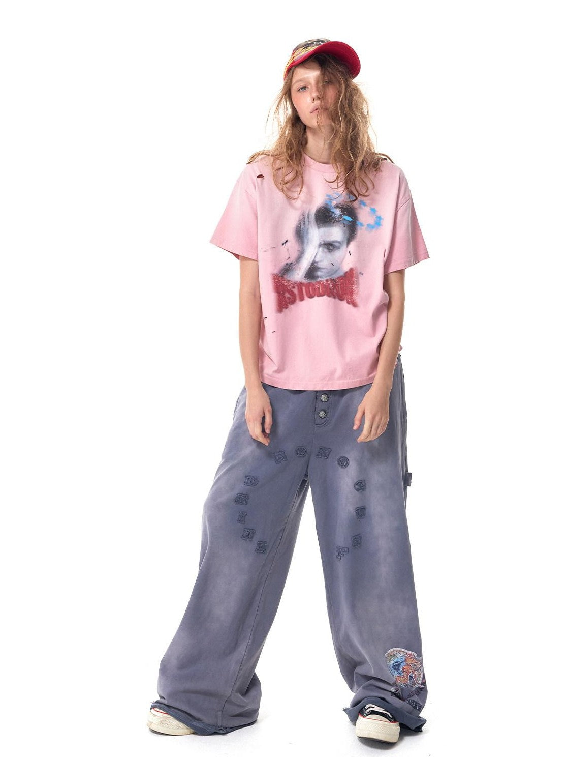 HAS2SONS Washed Blue Applique Embroidery 4 Button Letter Print Women's Straight-leg Pants