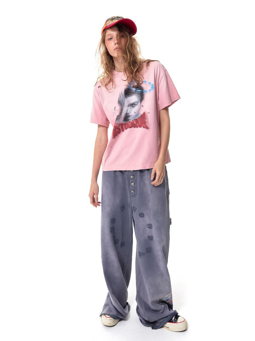 HAS2SONS Washed Blue Applique Embroidery 4 Button Letter Print Women's Straight-leg Pants