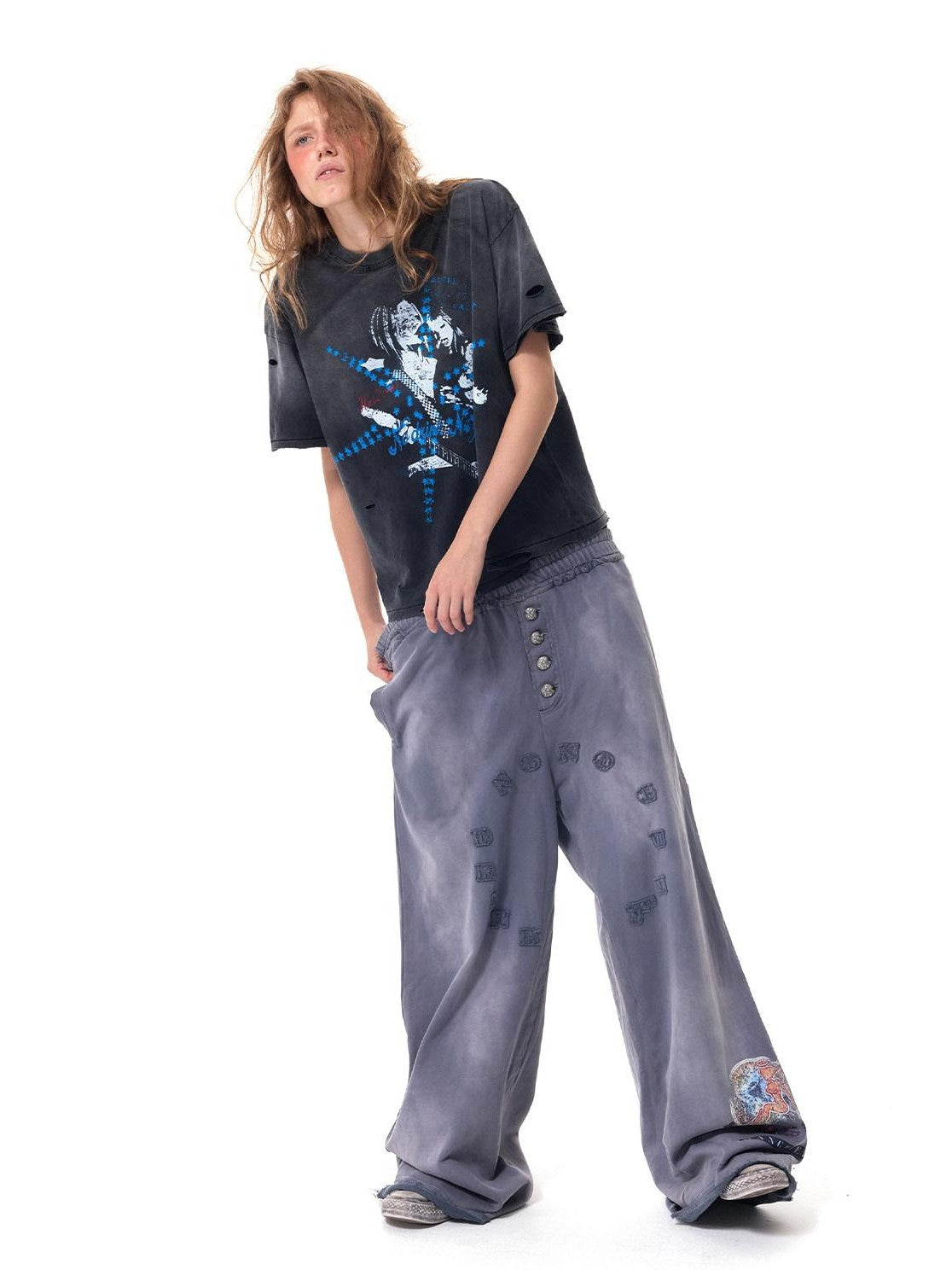 HAS2SONS Washed Blue Applique Embroidery 4 Button Letter Print Women's Straight-leg Pants