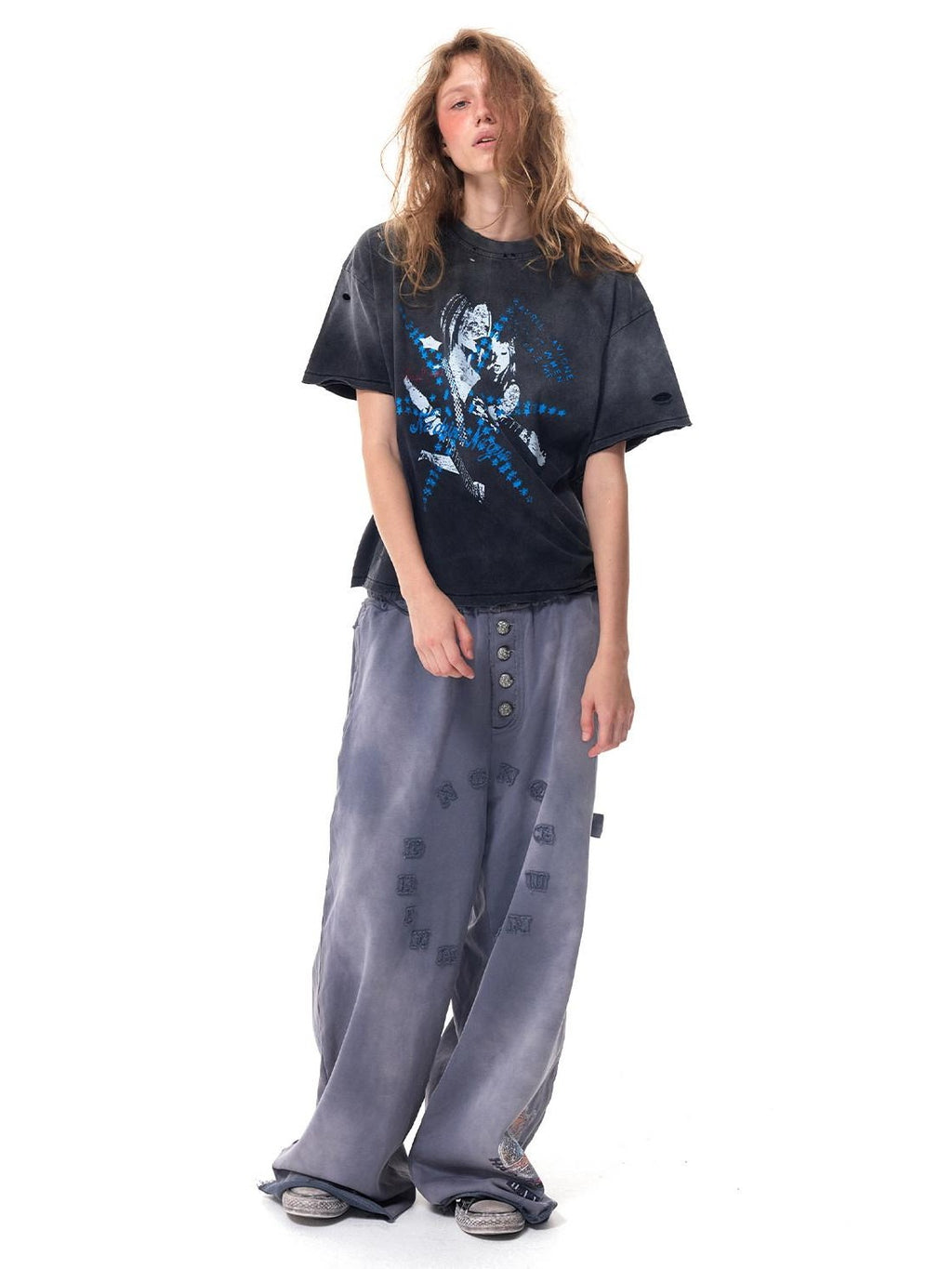 HAS2SONS Washed Blue Applique Embroidery 4 Button Letter Print Women's Straight-leg Pants