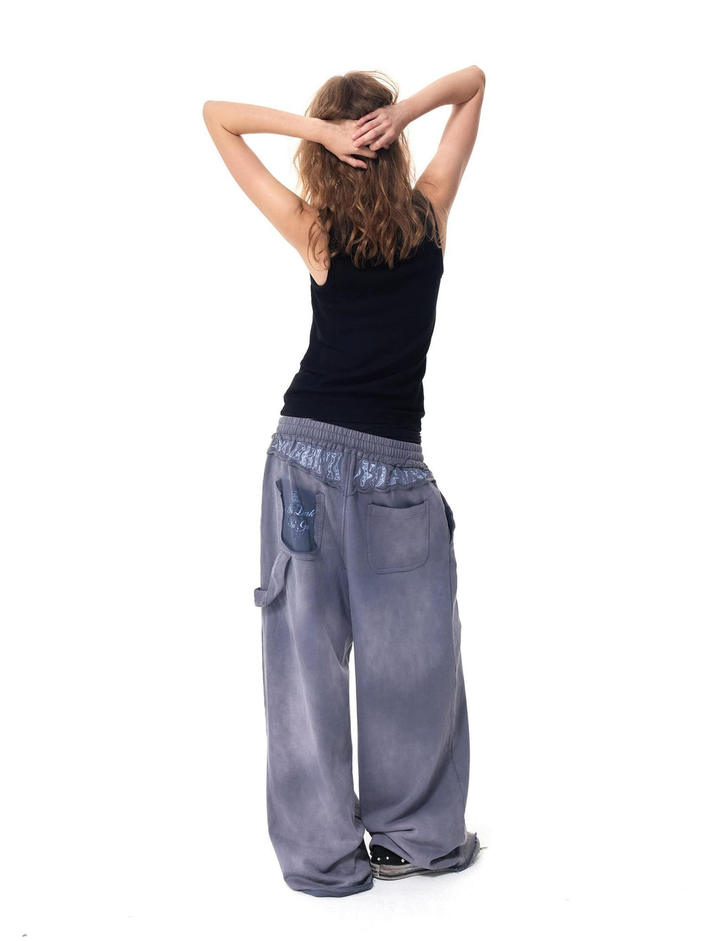 HAS2SONS Washed Blue Applique Embroidery 4 Button Letter Print Women's Straight-leg Pants