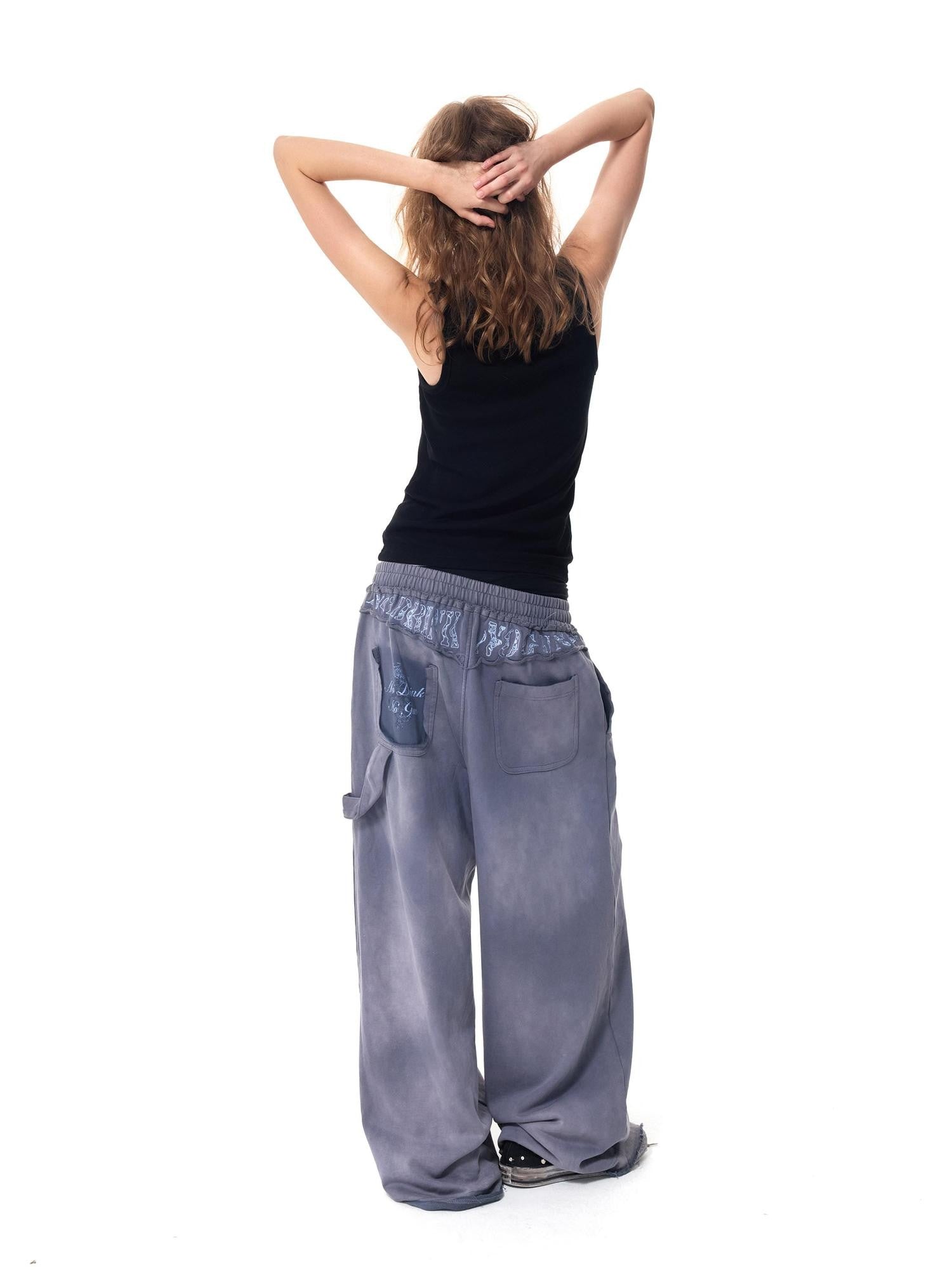 HAS2SONS Washed Blue Applique Embroidery 4 Button Letter Print Women's Straight-leg Pants