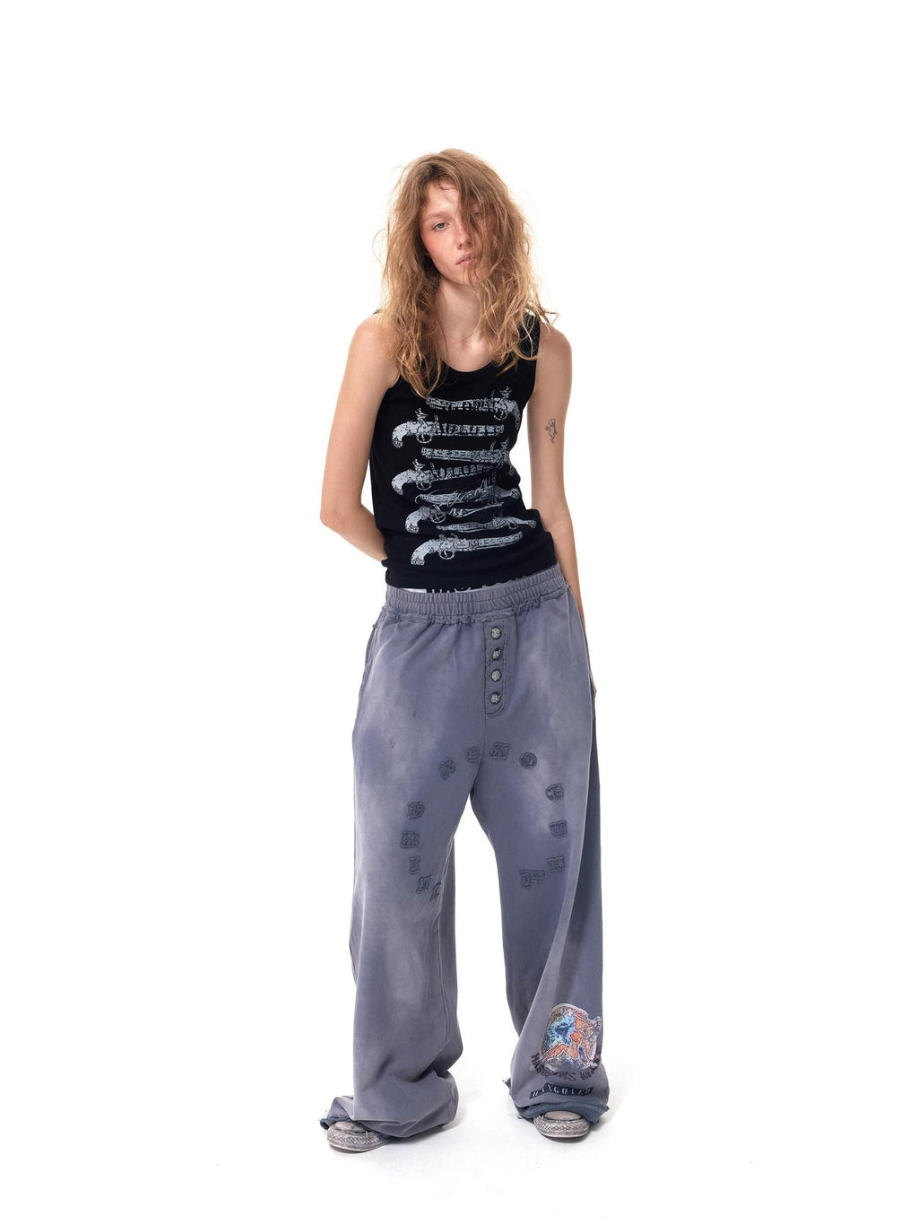 HAS2SONS Washed Blue Applique Embroidery 4 Button Letter Print Women's Straight-leg Pants