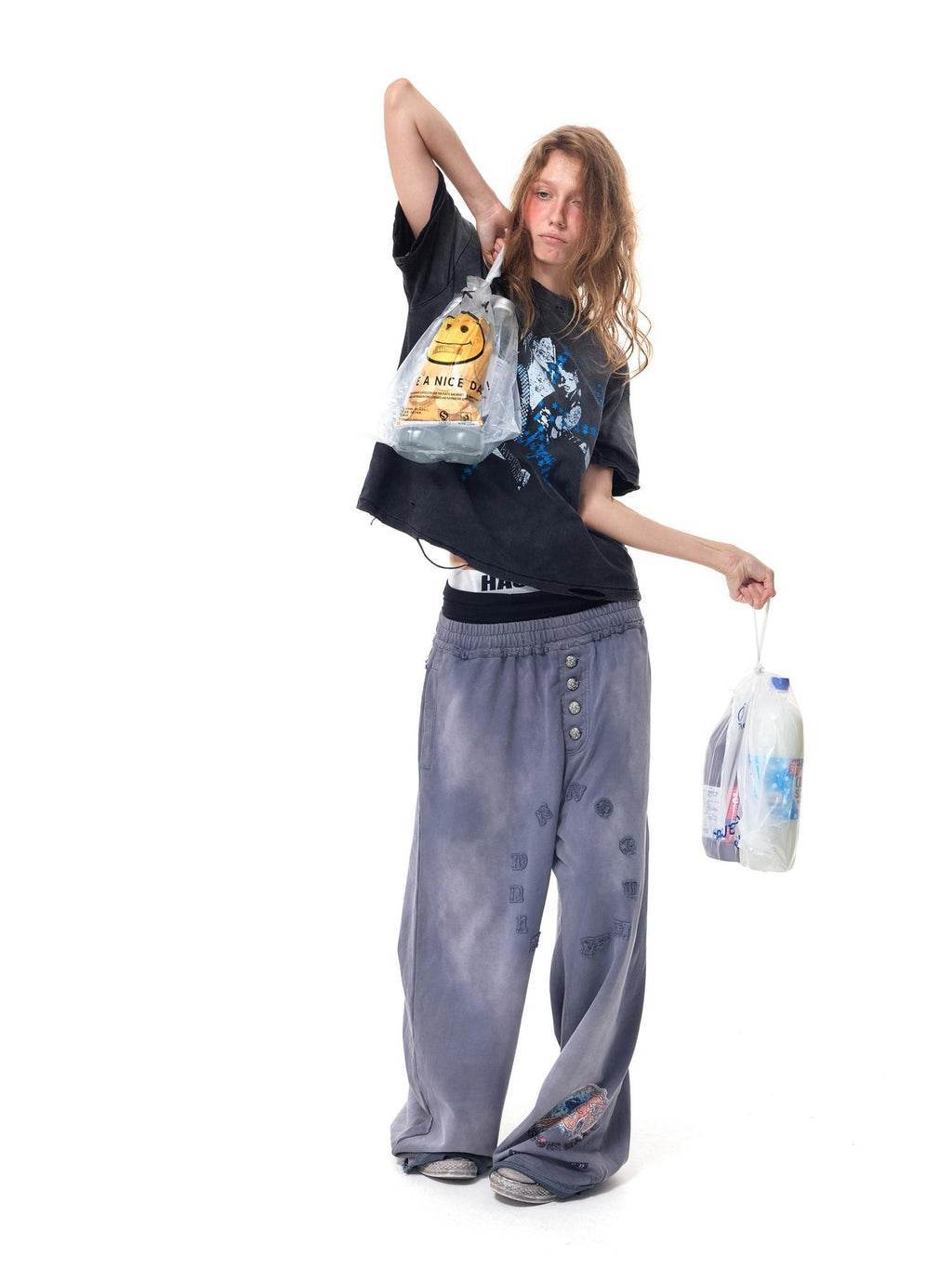 HAS2SONS Washed Blue Applique Embroidery 4 Button Letter Print Women's Straight-leg Pants