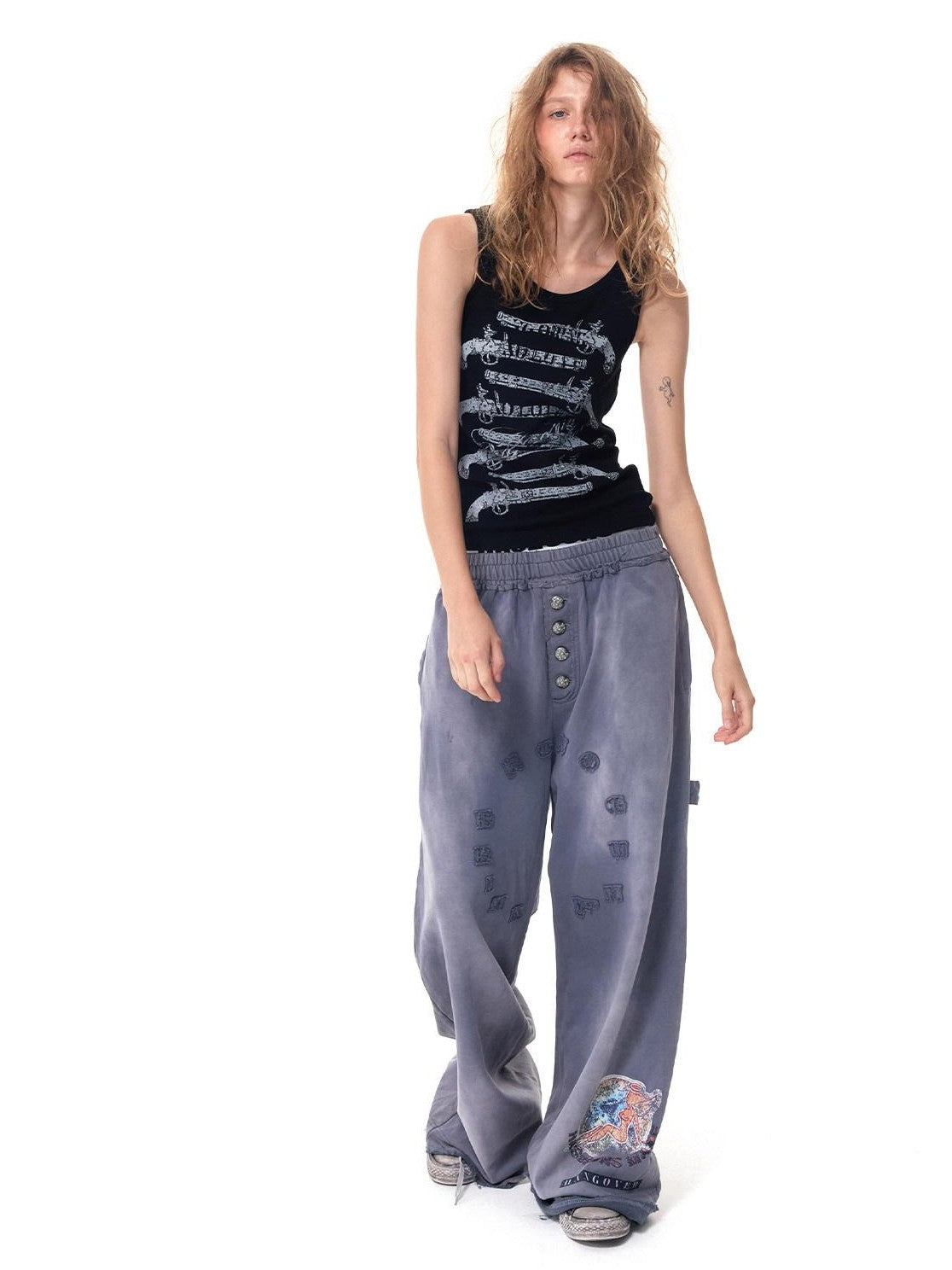HAS2SONS Washed Blue Applique Embroidery 4 Button Letter Print Women's Straight-leg Pants