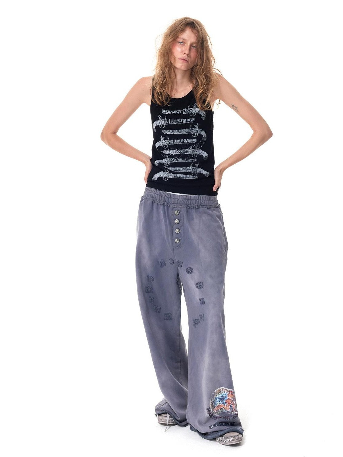 HAS2SONS Washed Blue Applique Embroidery 4 Button Letter Print Women's Straight-leg Pants