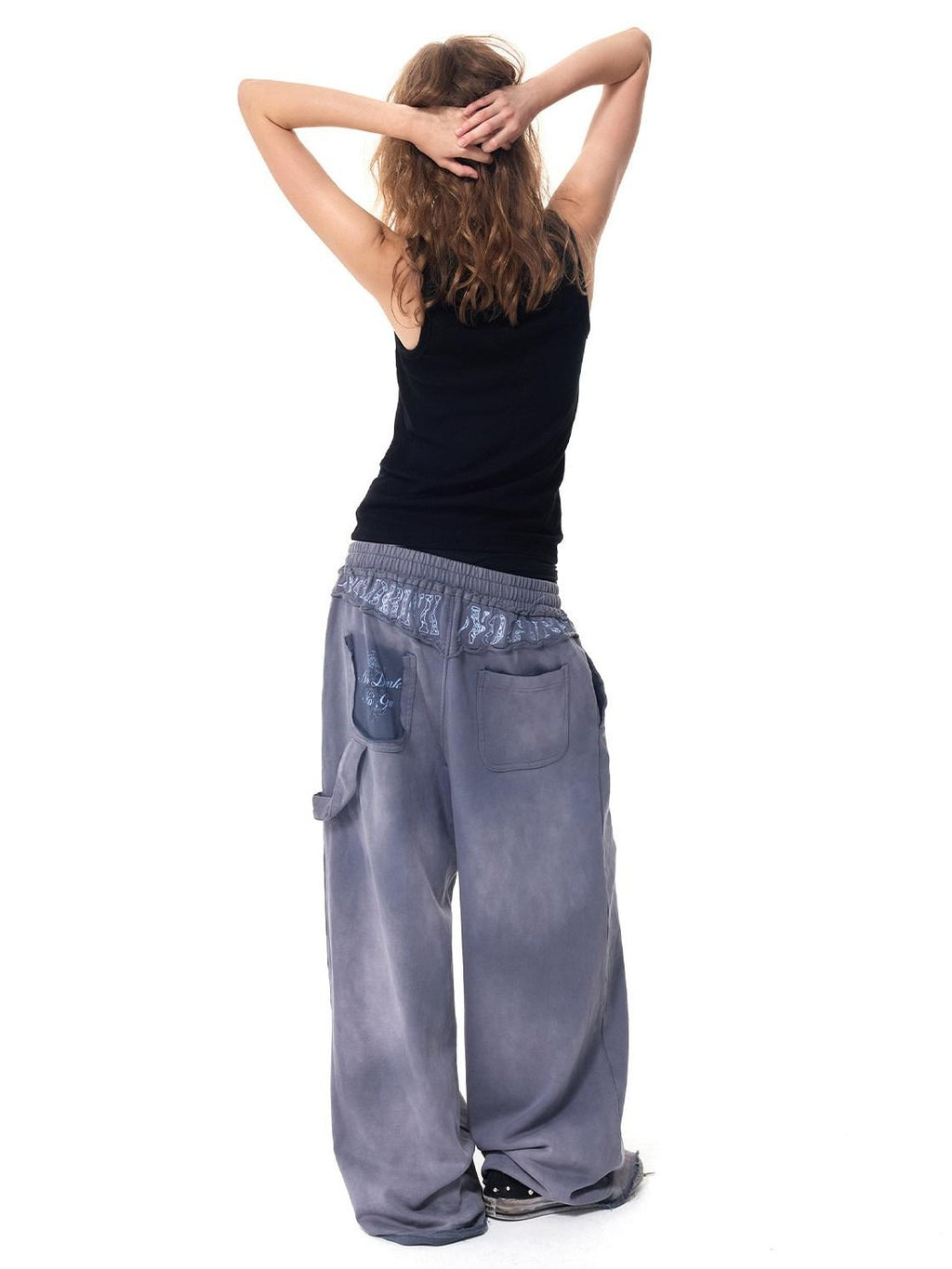 HAS2SONS Washed Blue Applique Embroidery 4 Button Letter Print Women's Straight-leg Pants