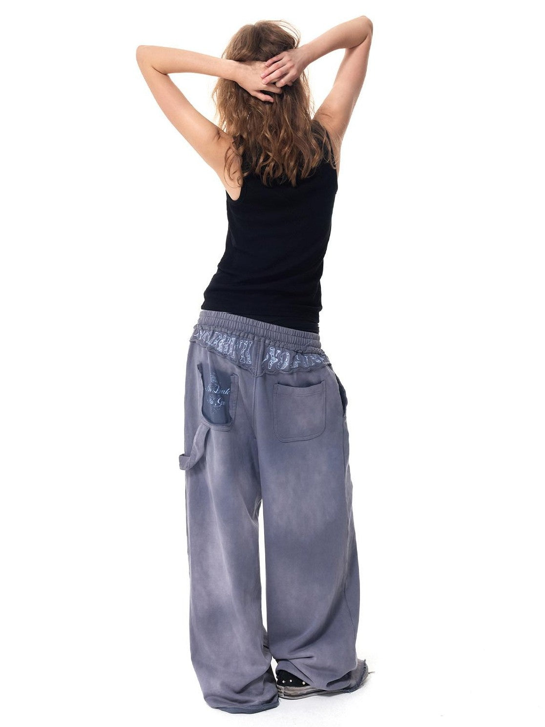 HAS2SONS Washed Blue Applique Embroidery 4 Button Letter Print Women's Straight-leg Pants