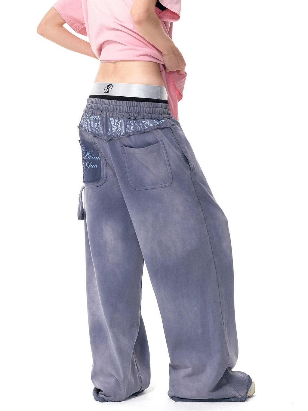 HAS2SONS Washed Blue Applique Embroidery 4 Button Letter Print Women's Straight-leg Pants