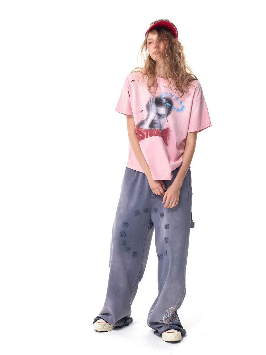 HAS2SONS Washed Blue Applique Embroidery 4 Button Letter Print Women's Straight-leg Pants
