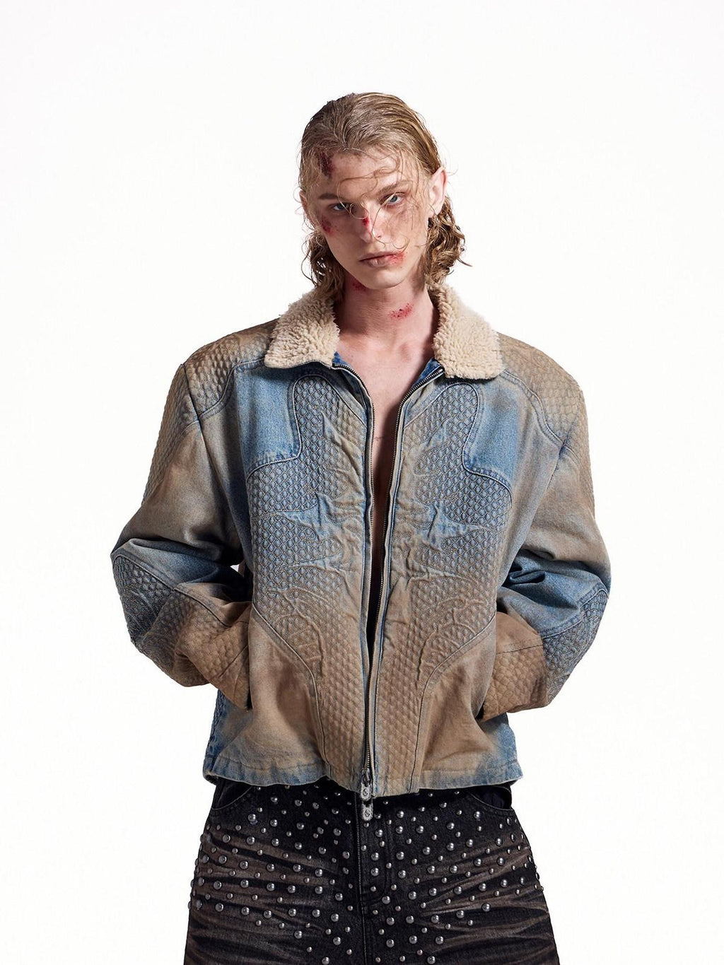 HAS2SONS Washed Blue Deconstructed Panel Embroidered Women's Fleece Lined Denim Jackets