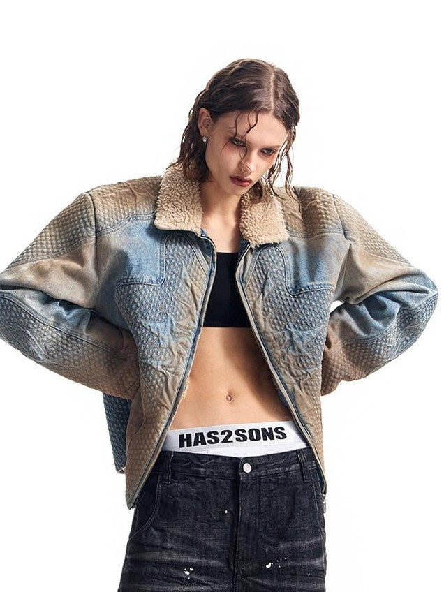 HAS2SONS Washed Blue Deconstructed Panel Embroidered Women's Fleece Lined Denim Jackets