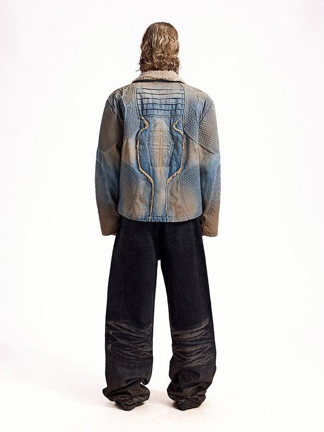 HAS2SONS Washed Blue Deconstructed Panel Embroidered Women's Fleece Lined Denim Jackets