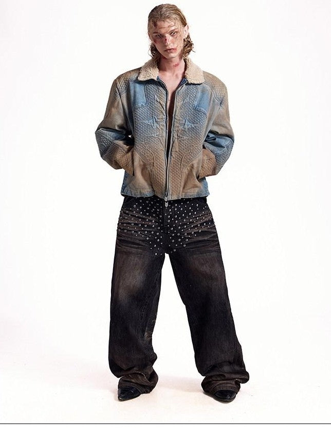 HAS2SONS Washed Blue Deconstructed Panel Embroidered Women's Fleece Lined Denim Jackets
