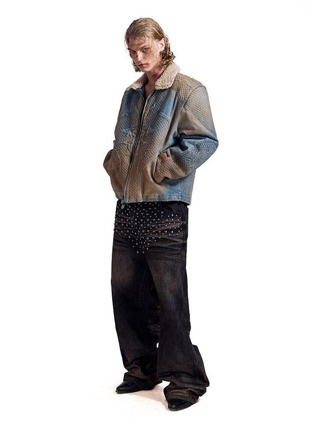HAS2SONS Washed Blue Deconstructed Panel Embroidered Women's Fleece Lined Denim Jackets