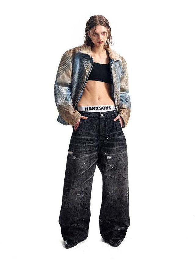 HAS2SONS Washed Blue Deconstructed Panel Embroidered Women's Fleece Lined Denim Jackets
