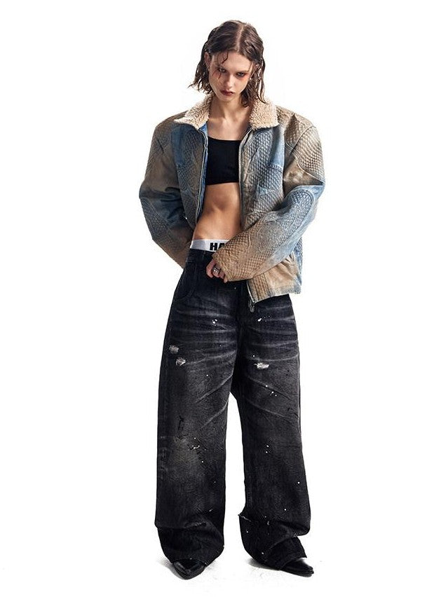 HAS2SONS Washed Blue Deconstructed Panel Embroidered Women's Fleece Lined Denim Jackets