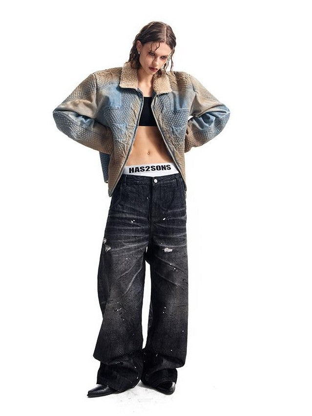 HAS2SONS Washed Blue Deconstructed Panel Embroidered Women's Fleece Lined Denim Jackets