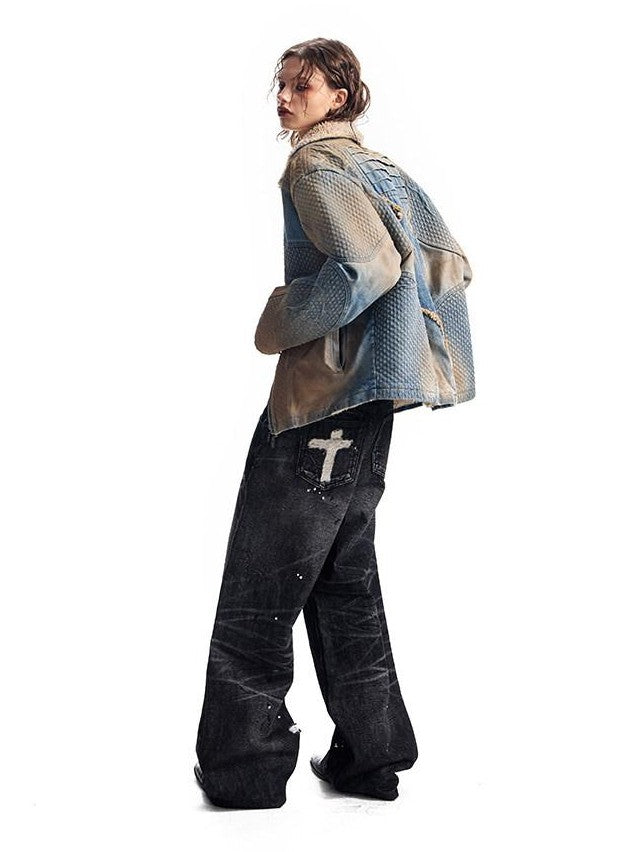 HAS2SONS Washed Blue Deconstructed Panel Embroidered Women's Fleece Lined Denim Jackets