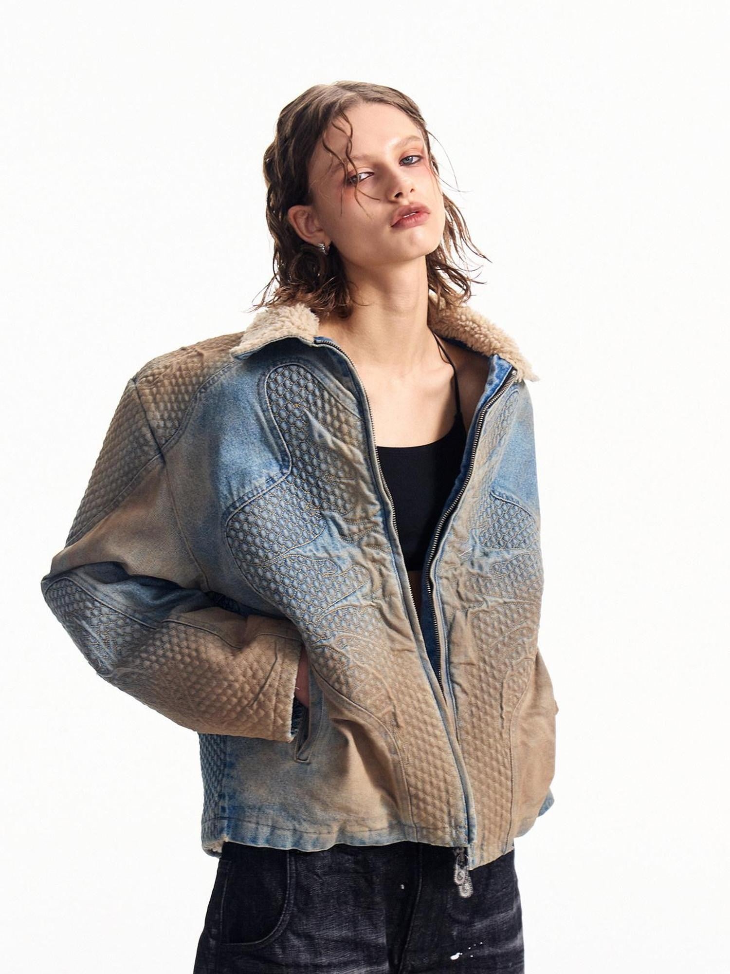 HAS2SONS Washed Blue Deconstructed Panel Embroidered Women's Fleece Lined Denim Jackets
